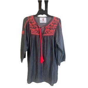 Boho Jane Womens Floral Embroidered V Neck Tunic Denim Like Top Size M Peasant